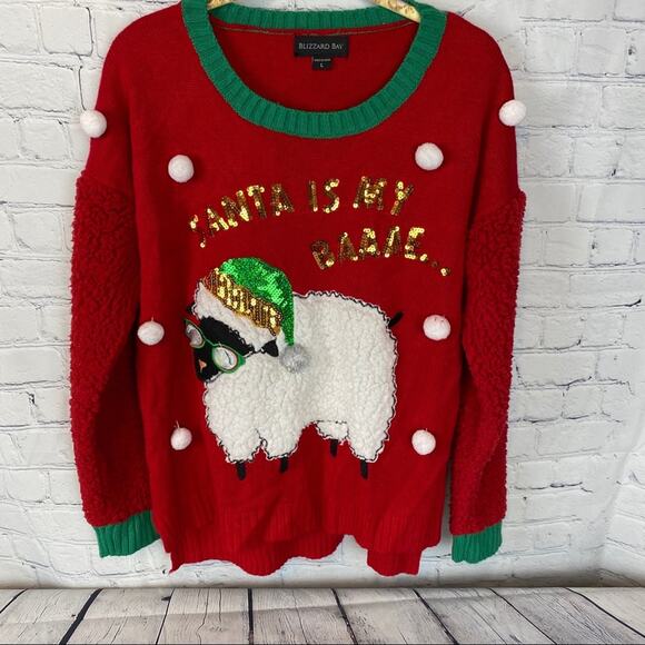 Blizzard Bay  Woman's SHEEP Ugly Christmas Sweater Large "SANTA IS MY BAAAE " - Picture 1 of 5